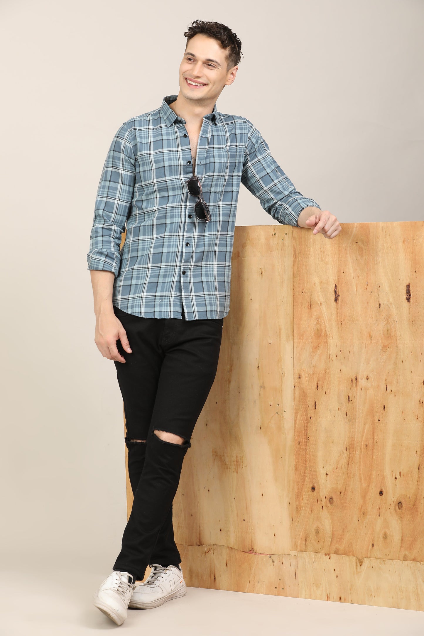 Teal Blue Checks Shirt