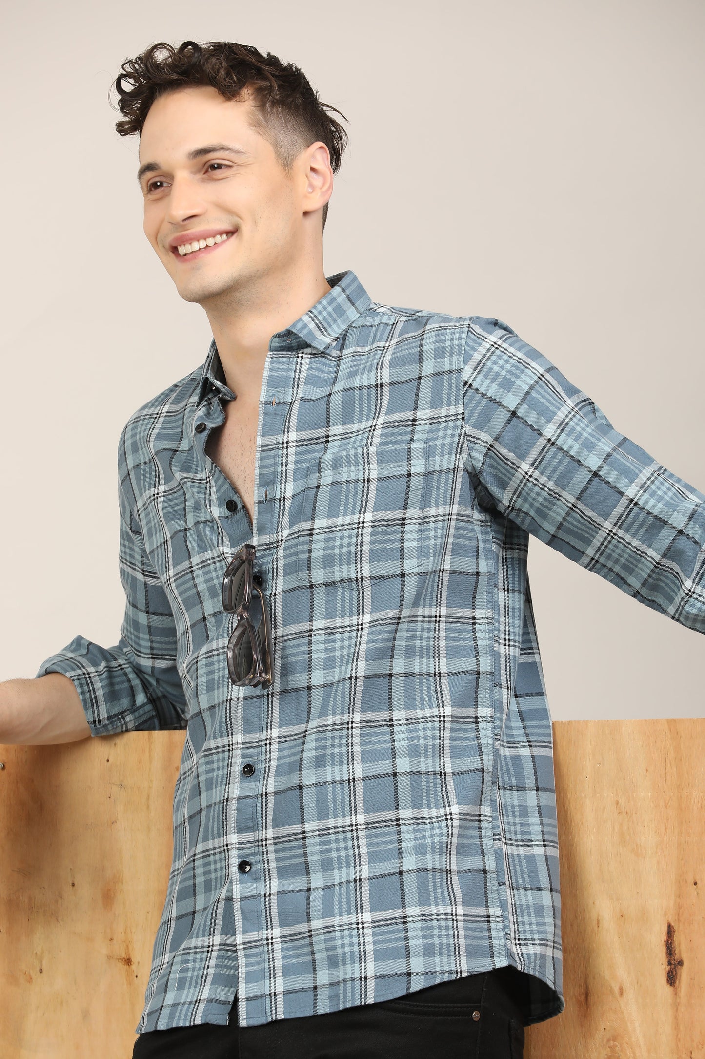 Teal Blue Checks Shirt